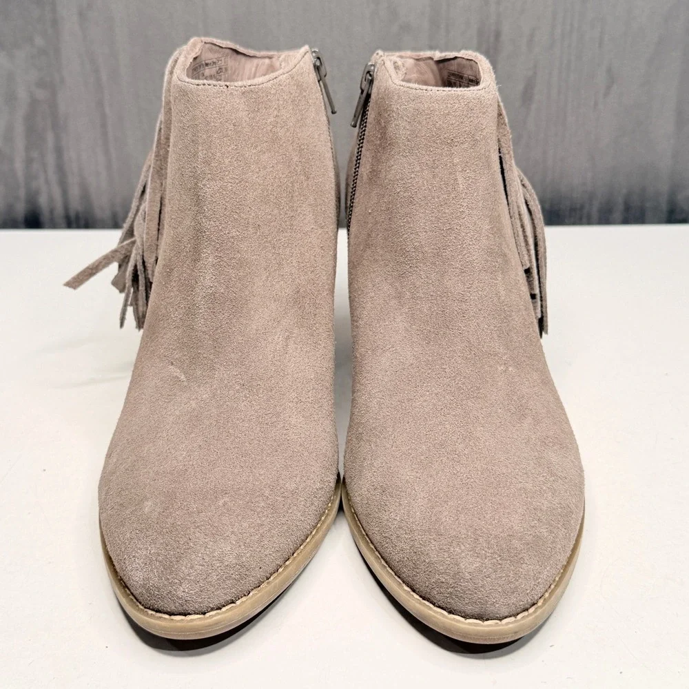 Vionic Faros Ankle Boots Womens Sz 10 Taupe Suede Fringe Studded Western Boho